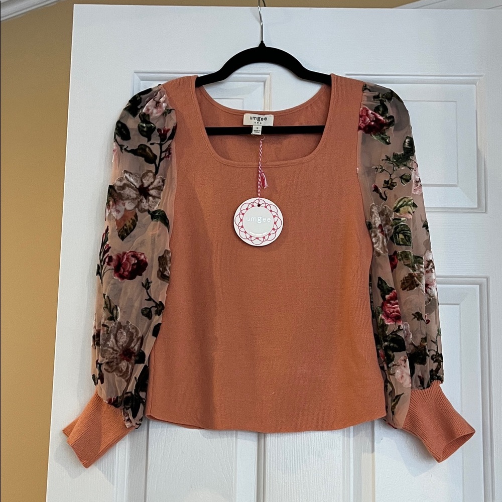 Umgee Terracotta Top with Floral Sheer Sleeves